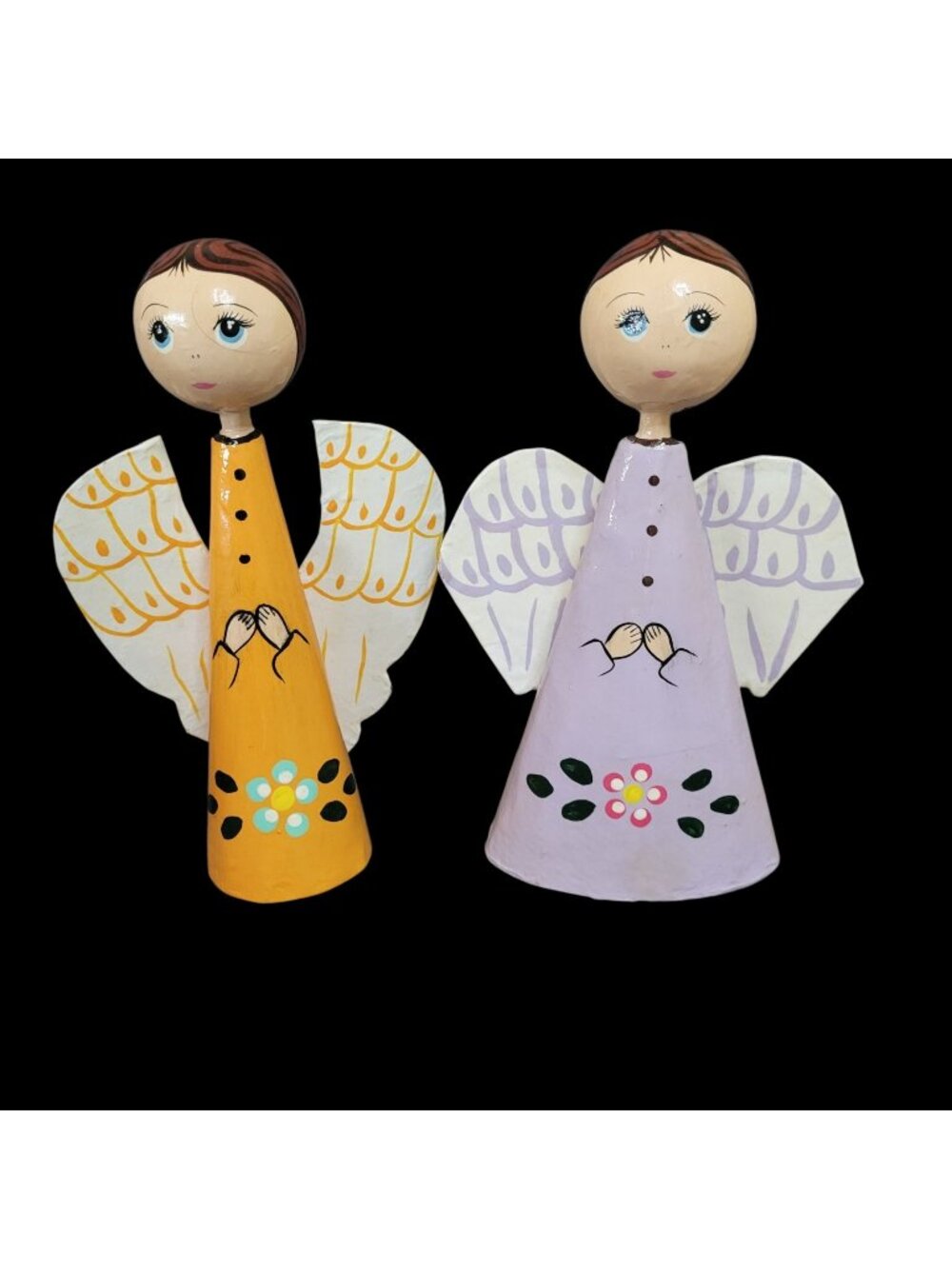 2 Mexican Paper Papier Mache Angel Figures Lavender & Orange Christmas 10" Tall